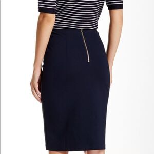 Philosophy Women’s Size 10 Ponte Pencil Skirt Solid Navy Blue Gold Zipper Back